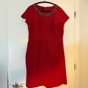 Talbots. Red Ribbed Dress with bejeweled neck line.